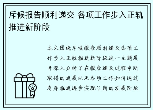 斥候报告顺利递交 各项工作步入正轨推进新阶段